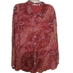 Soft Surroundings Womans Cheyla Red Paisley Crinkle Buttondown Shirt Size 1X